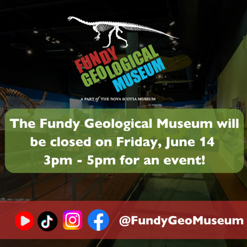 Blurred photo of museum gallery with text over top reading Fundy Geological Museum will be closed on Friday, June 14 from 3 pm to 5 pm.