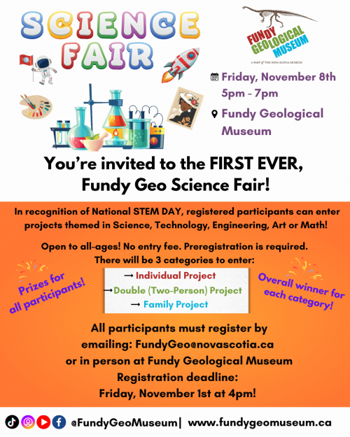 Colourful event poster including details listed above, and cartoon graphics of astronauts, rocket ships, and beakers.