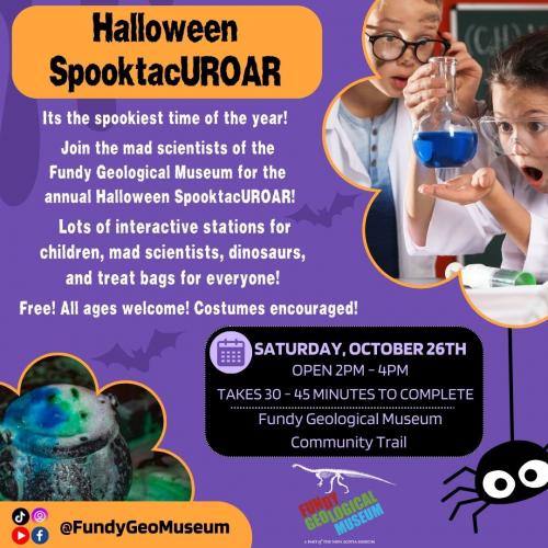 Event poster including description and photos of a witches cauldron and young people dressed as mad scientists.