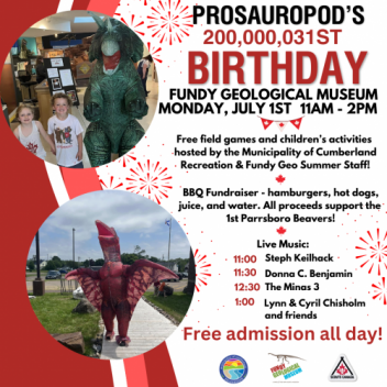 Event poster details laid out a red designed poster with a photo of person in a large red dinosaur costume and a photo of two young children standing with a large green dinosaur.