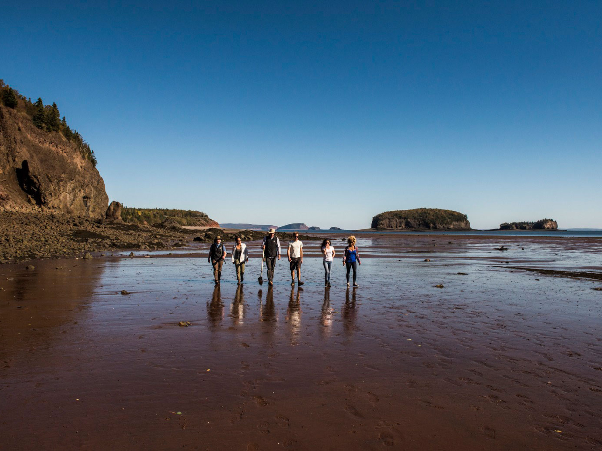 Six people in the distance walking on a beach on the Bay of Fundy.