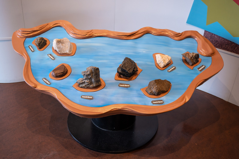 Gallery at the Fundy Geological Museum. Rock soup display.